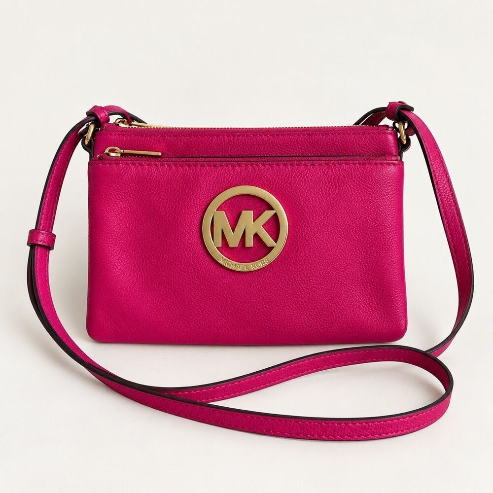 Michael Kors Jet Set Pink Leather Crossbody Bag Gold Logo Small Wallet Purse